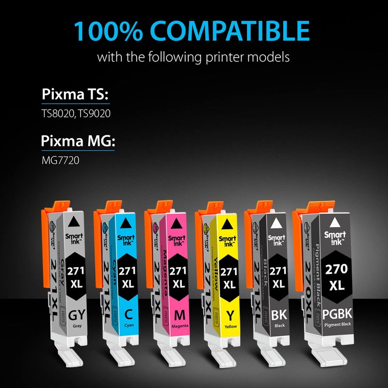 Smart Ink خراطيش حبر متوافقة ذكية بديلة لطابعة كانون بيكسما PGI-270XL PGI 270 XL CLI-271XL CLI 271 مجموعة 6 عبوات لطابعة كانون TS9020 TS8020 MG7720 (1 PGBK و 1 أسود/رمادي/سماوي/أرجواني/أصفر) - Image 3
